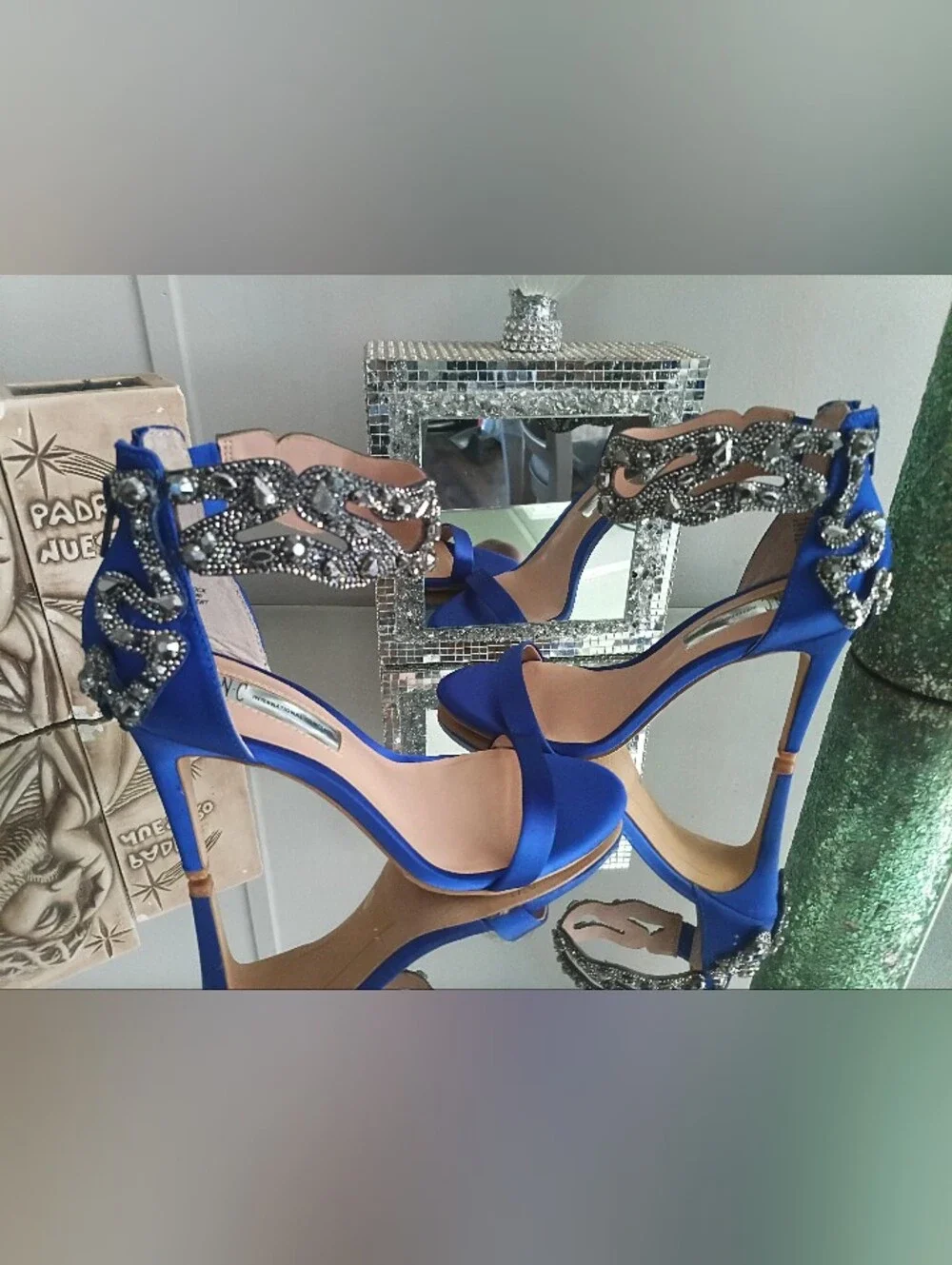 Satin Royal Blue Open-Toe Heels with Crystal Embellished Ankle Strap